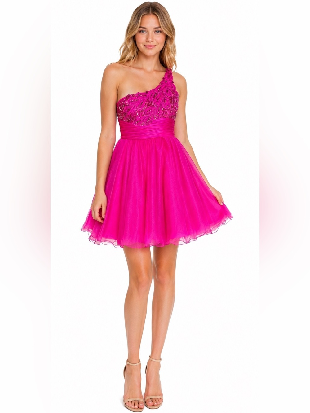NWT Blush Prom by Alexia 9279 Hot Pink One-Shoulder Beaded Dress Sz 6
